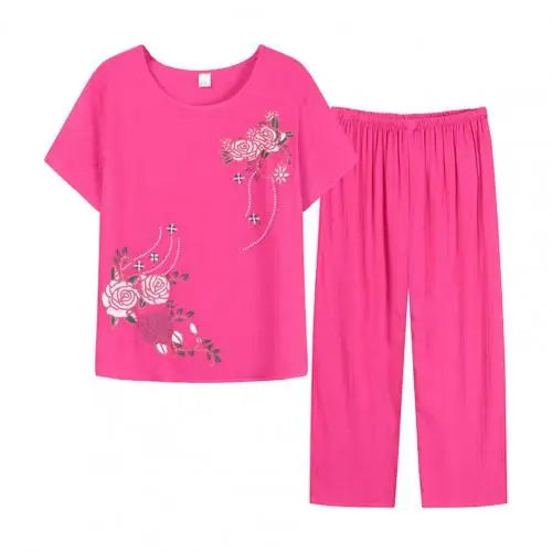 Conjunto de duas peças de calças de verão para mulher, manga curta, elegante, estampado floral, t-shirt, calças largas, roupa de meia-idade