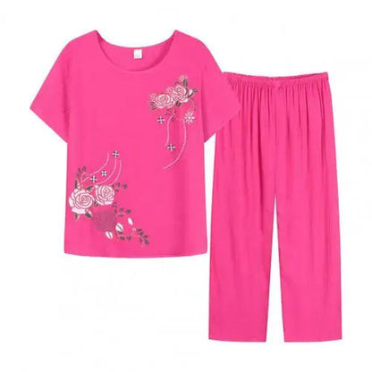 Conjunto de duas peças de calças de verão para mulher, manga curta, elegante, estampado floral, t-shirt, calças largas, roupa de meia-idade