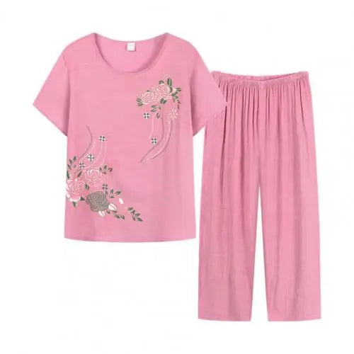 Conjunto de duas peças de calças de verão para mulher, manga curta, elegante, estampado floral, t-shirt, calças largas, roupa de meia-idade