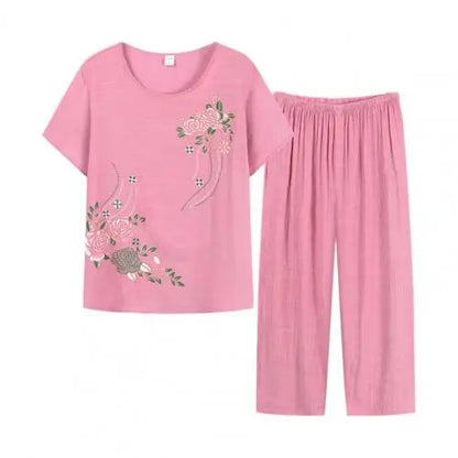Conjunto de duas peças de calças de verão para mulher, manga curta, elegante, estampado floral, t-shirt, calças largas, roupa de meia-idade