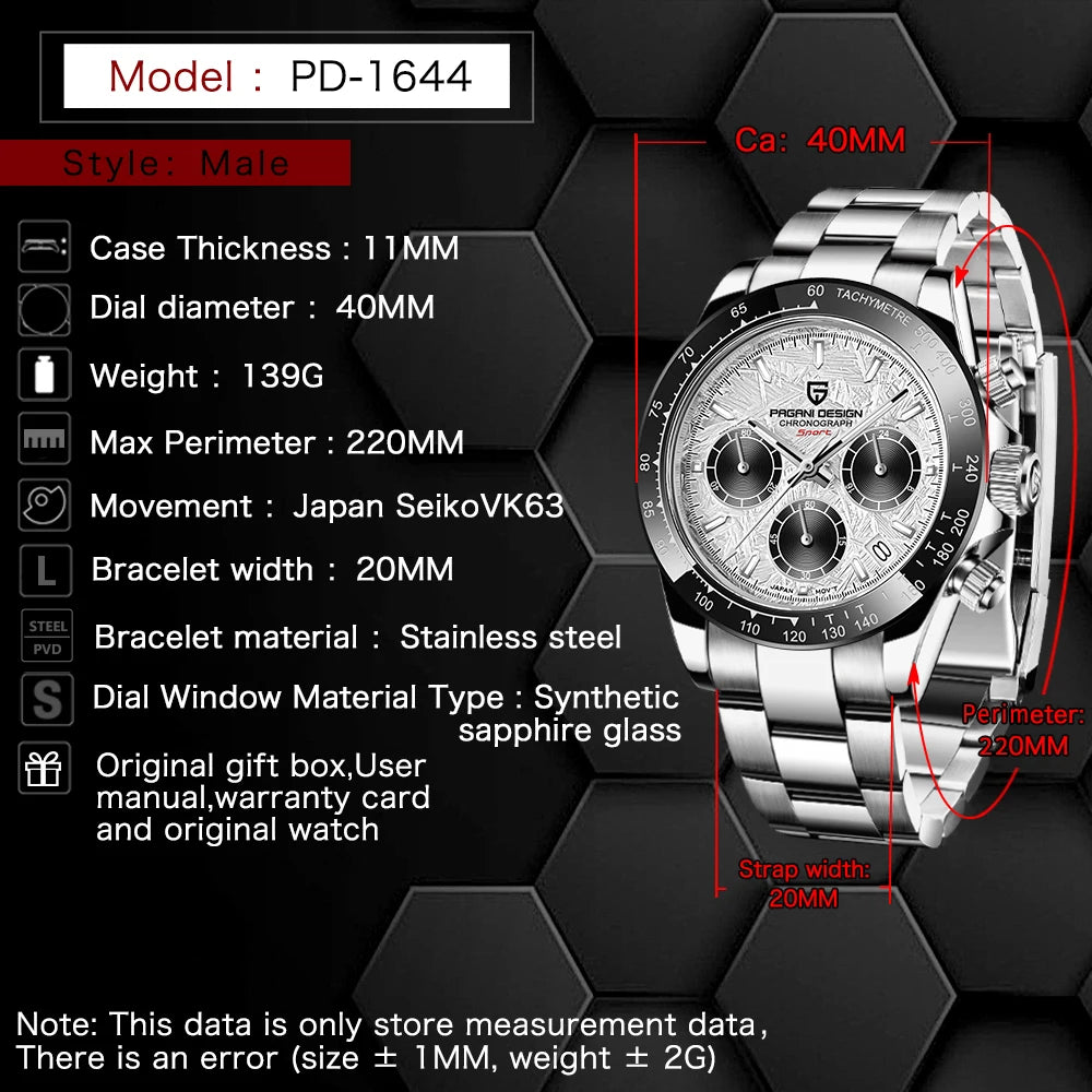 PAGANI DESIGN PD-1644 Meteorite Dial Quartz Watch Men 100M Sapphire Chronograph