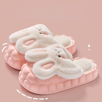 Mo Dou 2022 Winter Warm Women Slippers Waterproof Vamp Cute Rabbit Bear Decoration Indoor Outdoor Shoes Soft Plush Men Slippers