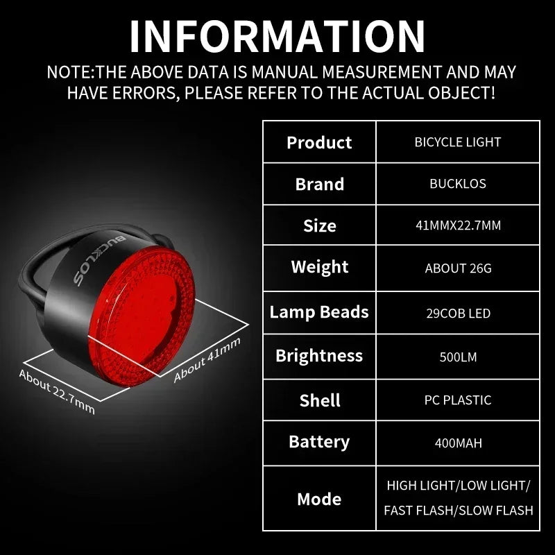 BUCKLOS Bike Light COB Front Rear Bicycle Lights LED Rechargeable Mountain Road Bicycle Lamp MTB Tail Light Cycling Flashlight
