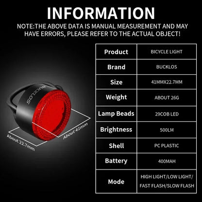 BUCKLOS Bike Light COB Front Rear Bicycle Lights LED Rechargeable Mountain Road Bicycle Lamp MTB Tail Light Cycling Flashlight