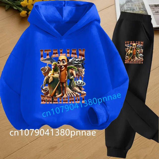 Tralalero Tralala Tung Tung Tung Funny Italian Brainrot Kids Clothes Boys Hoodie+Pants 2pcs Set Girls Tracksuit Children Outfits