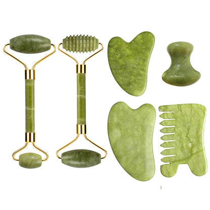 Natural Jade Roller Gua Sha Set – Facial & Body Massage Anti-Aging Lifting Spa Tools