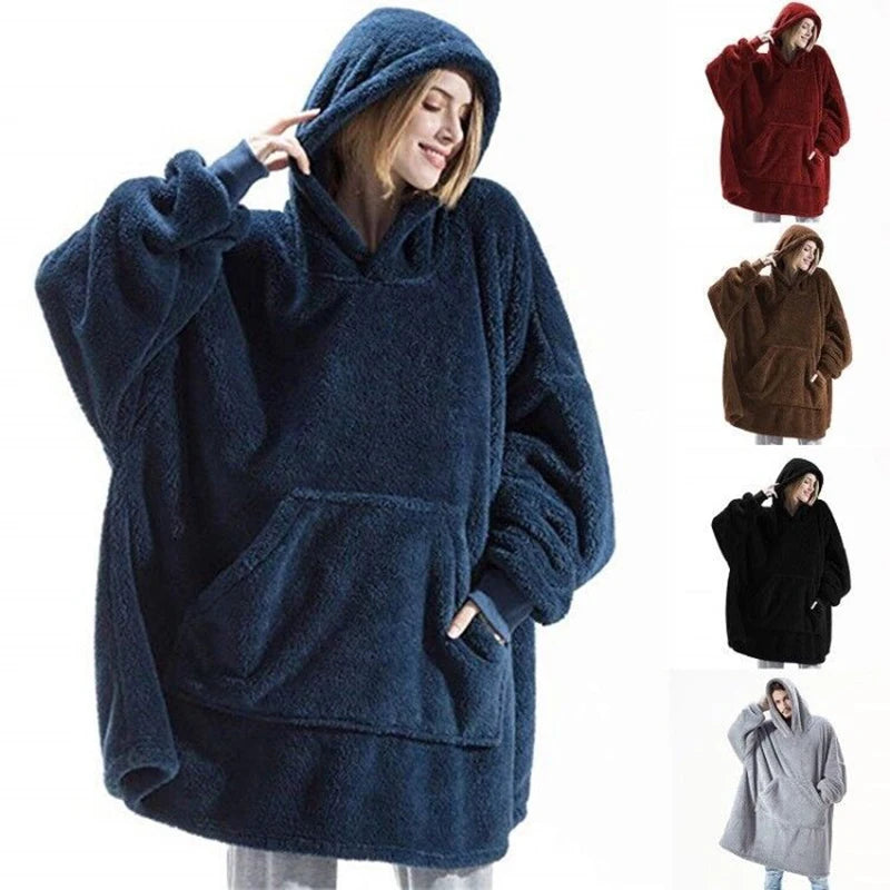 Winter Double-Faced Fleece Hoodie Blanket | Oversized Warm Pocket Robe for Women & Men