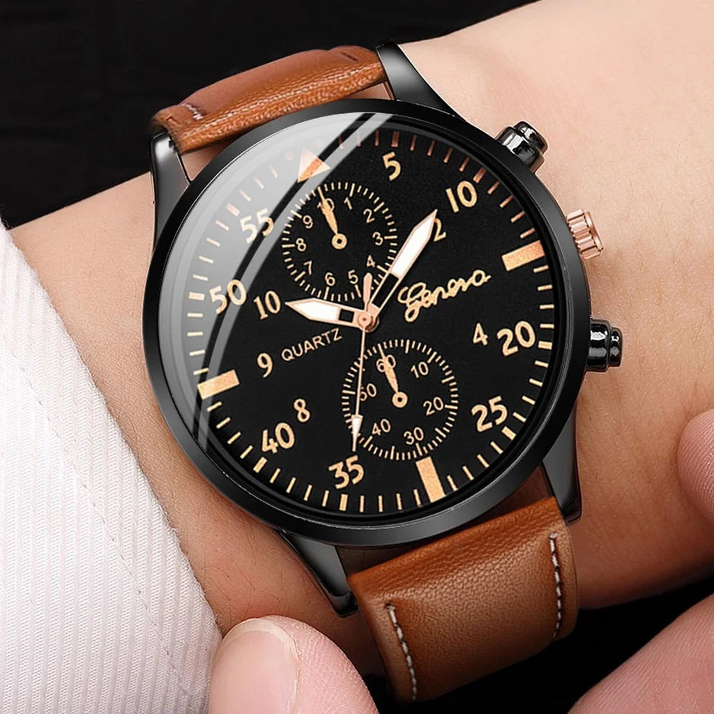 5PCS/4PCS Men's Fashion Quartz Watch & Bracelet Set Casual Leather Strap Wristwear