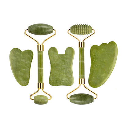 Natural Jade Roller Gua Sha Set – Facial & Body Massage Anti-Aging Lifting Spa Tools