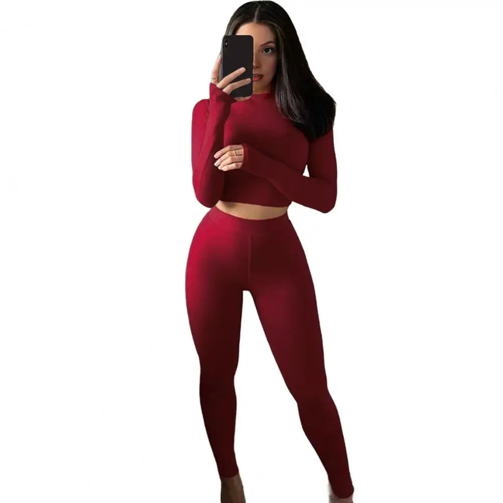 Casual Workout Two Piece Outfits for Women Long Sleeve Crop Top High Waisted Legging Pants Set Slim Jogger Track Suits