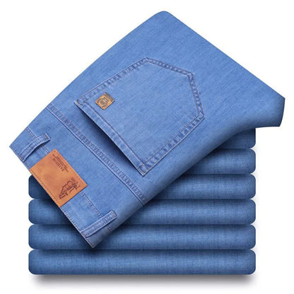 Spring Summer Business Jeans Men Light Blue Casual Straight Stretch Fashion Classic Work Denim Trousers Brand Clothing