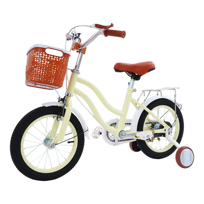 14 Inch Children's Bicycle Carbon Steel Kids Bike with Auxiliary Wheels & Basket & Manual Bell, Bearing 60kg, Height Adjustable