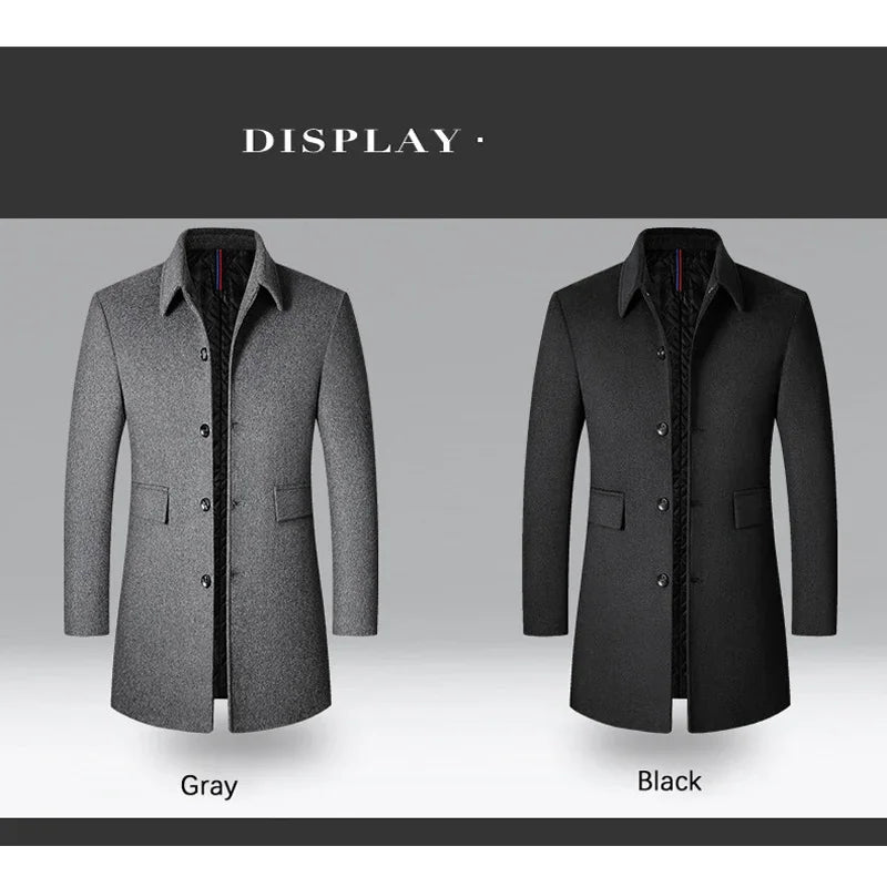 BROWON Brand Winter Coat Men 2025 Autumn Solid Turn-Down Collar Wool Long Jacket for Men New Business Casual Keep Warm Outerwear
