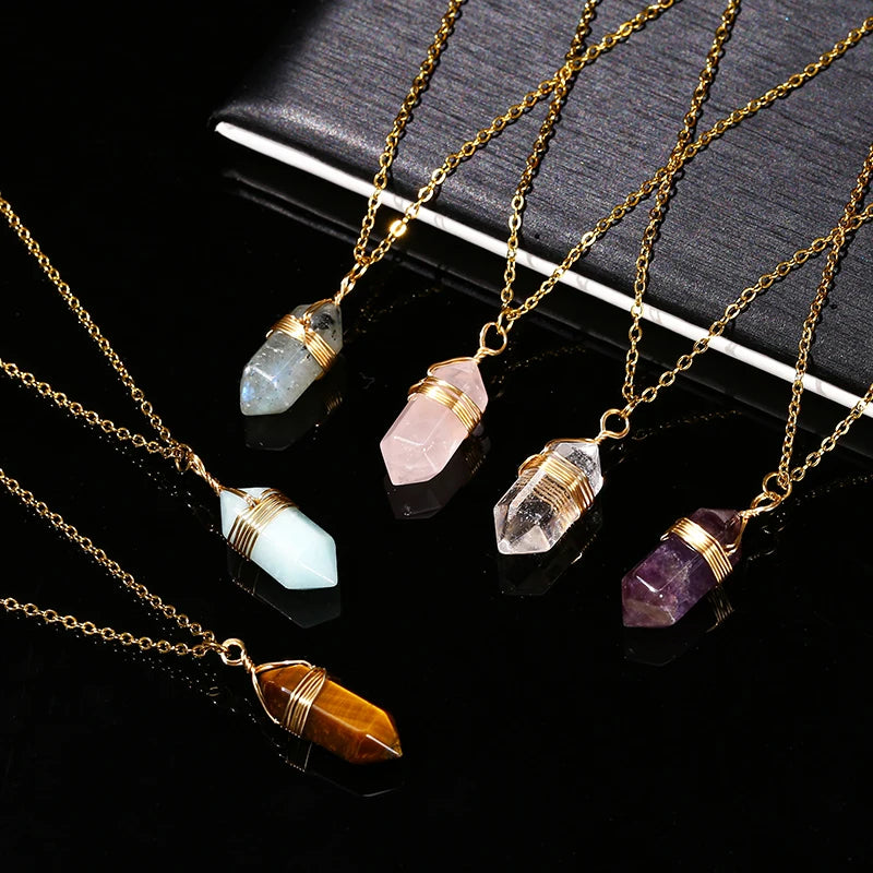 Change Better Natural Pink Quartz Amethyst Hexagon Column Pendant Necklace Women Men Handmade Stainless Steel Chain Choker Gift