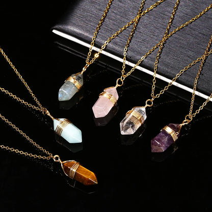 Change Better Natural Pink Quartz Amethyst Hexagon Column Pendant Necklace Women Men Handmade Stainless Steel Chain Choker Gift