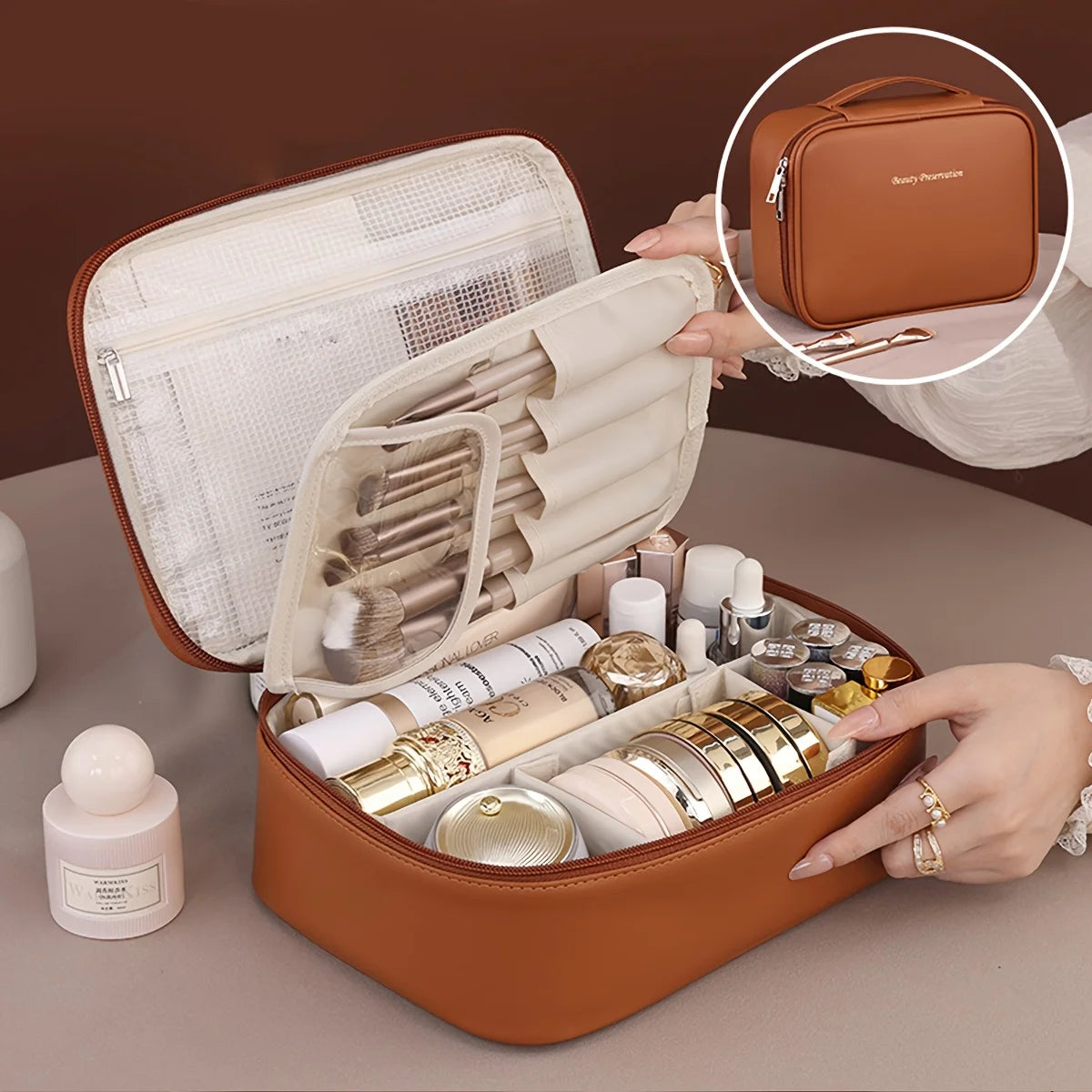 PU Leather Double Layer Makeup Bag Large Capacity Cosmetic Bags Luxury Cosmetics Organizer Women's Travel Essentials