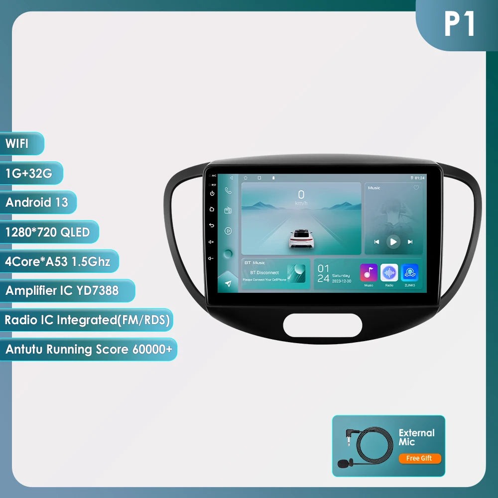 Hizpo 2Din 9inch Android13 Car Radio for Hyundai i10 2007- 2013 BT 4G Auto CarPlay Navi GPS RDS DSP UI7862 Intelligent System