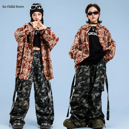 Girls Hip Hop Maillard Plaid Shirt Camouflage Cargo Pants Boys Street Dance Costumes Kids Jazz Clothes Sets Children Streetwear