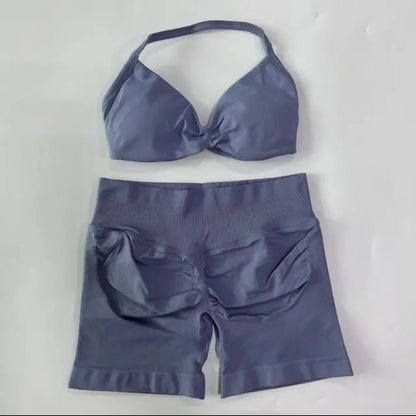 DFYIVE Yoga Gym Set 2 Piece Women Strappy Yoga Bra Top Workout Scrunch Shorts Sports Suit Fitness Clothes Seamless Yoga Set