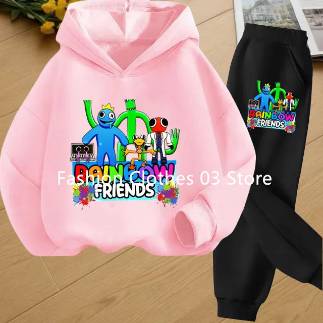 2025 Chic and Cozy Rainbow Friends Long Sleeve Sweatsuits Offer Soft Smooth Fabric Kids Spring Autumn Long Sleeve Hoodie Set