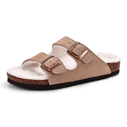 Shevalues Winter Women's Mules With Adjustable Buckle Leisure Cork Insole Comfortable Clogs Slippers Cow Suede Non-slip Sandals