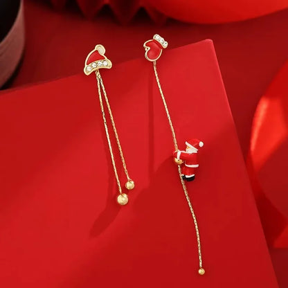 Christmas Tassel Earrings Women Movable Santa Claus Snowflake Asymmetrical Long Chain Pendant Earrings New Year Jewelry Gifts