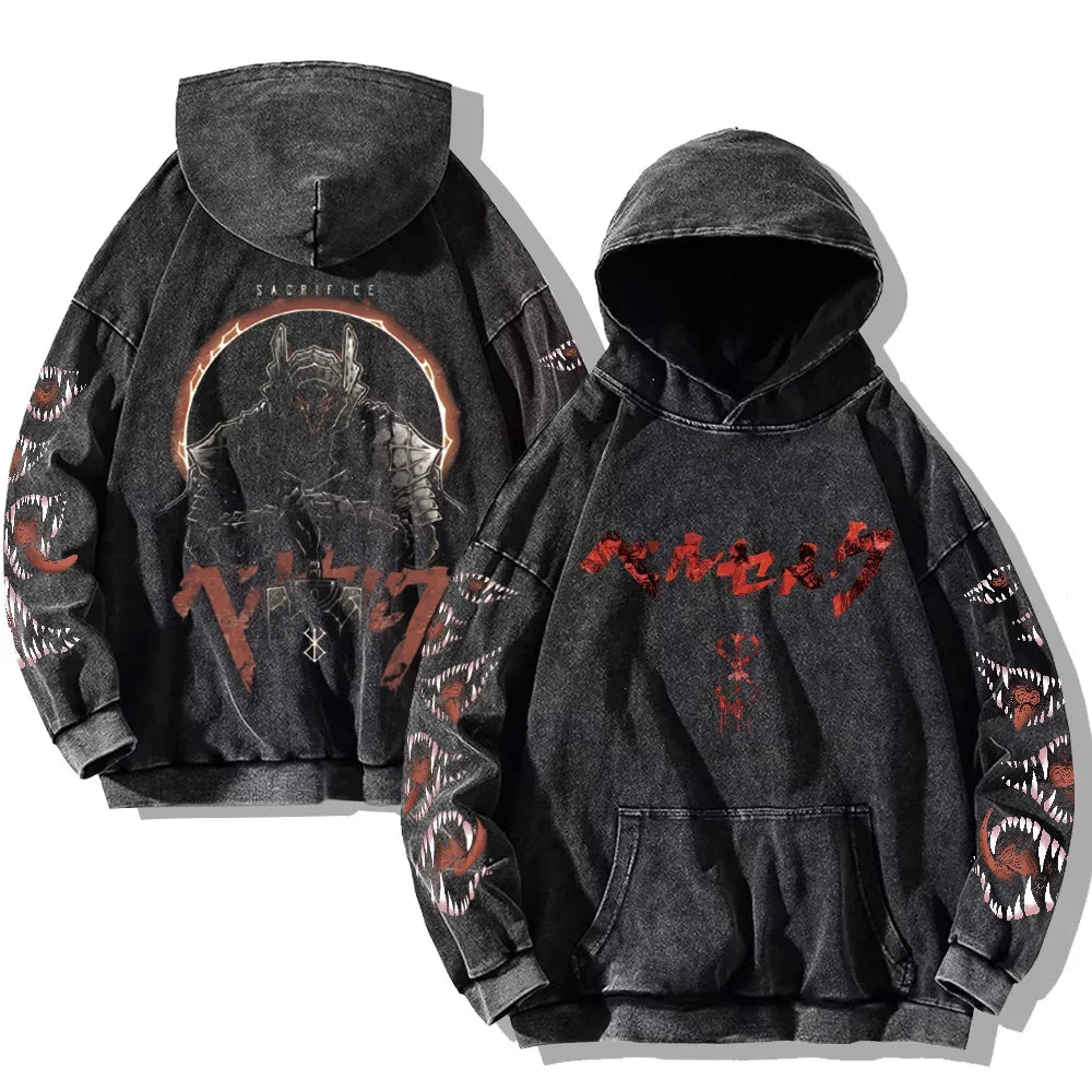 Mens Berserk Hoodies Gothic Print Vintage Washed Hoodie Hip Hop Streetwear Cotton Sweatshirts Harajuku Casual Hooded Pullover