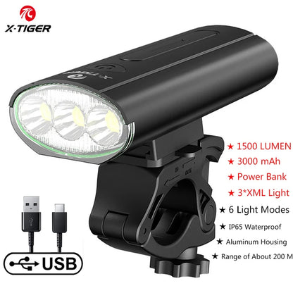 X-TIGER Waterproof MTB Bike Light Aluminum Alloy Road Cycling USB Rechargeable Headlight 2400 Lumens Bicycle Light Accessories