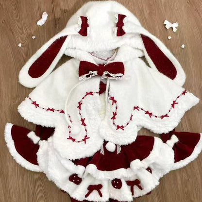 Winter Christmas Lolita 3 Piece Sets Women Kawaii Plush Bunny Ear Hooded Cloak Coat Bow Mini Dresses Korean Style Y2k Sweet Suit