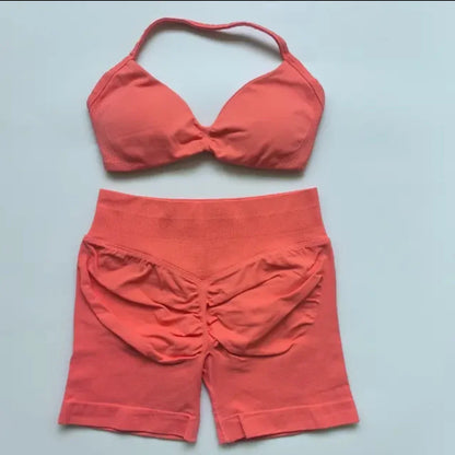 DFYIVE Yoga Gym Set 2 Piece Women Strappy Yoga Bra Top Workout Scrunch Shorts Sports Suit Fitness Clothes Seamless Yoga Set