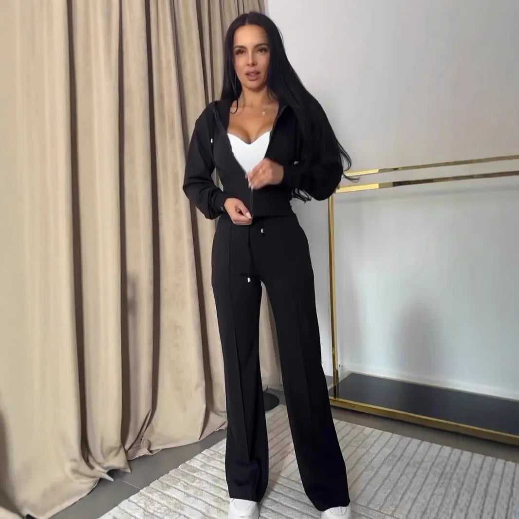 Conjunto de sweatshirt para mulher 2025, slim, cor sólida, fecho, manga comprida, calças largas, conjunto de 2 peças para mulher