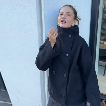 Stand Collar Women Winter Woolen Coats 2025 Autumn Single Breasted Loose Female Long Sleeve Jacket Office Lady Street Short Coat