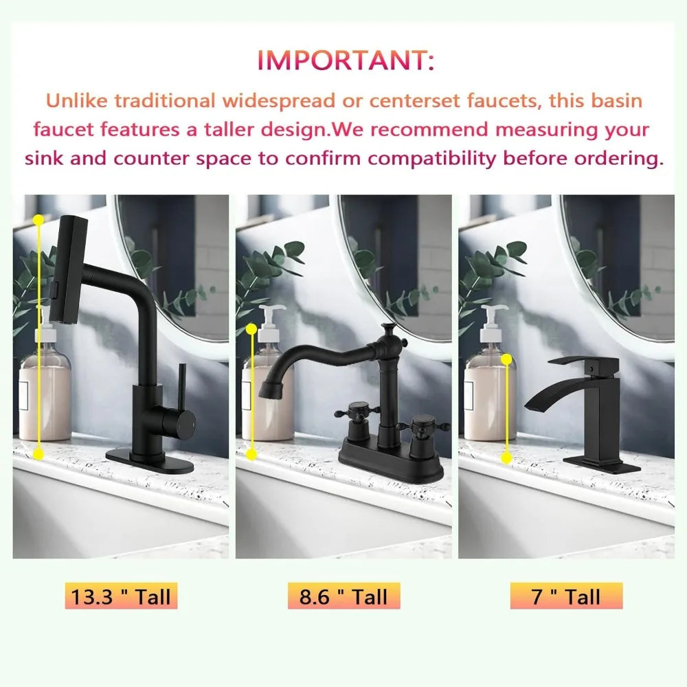 Modern Single Handle Pull Down Sprayer Bathroom Faucet with 3 Modes and Pop-Up Drain, Deck-Mounted Sink Mixer for Contemporary S