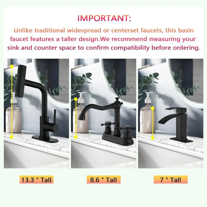 Modern Single Handle Pull Down Sprayer Bathroom Faucet with 3 Modes and Pop-Up Drain, Deck-Mounted Sink Mixer for Contemporary S