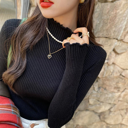 Fashion Ruffled Knitted Pullover Long Sleeved Sweater Women Bottoming Inner Shirt Elegant Autumn Winter Slim Casual Basic Tops