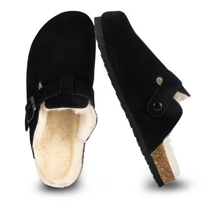 Shevalues Winter Women's Mules With Adjustable Buckle Leisure Cork Insole Comfortable Clogs Slippers Cow Suede Non-slip Sandals