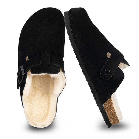 Shevalues Winter Women's Mules With Adjustable Buckle Leisure Cork Insole Comfortable Clogs Slippers Cow Suede Non-slip Sandals