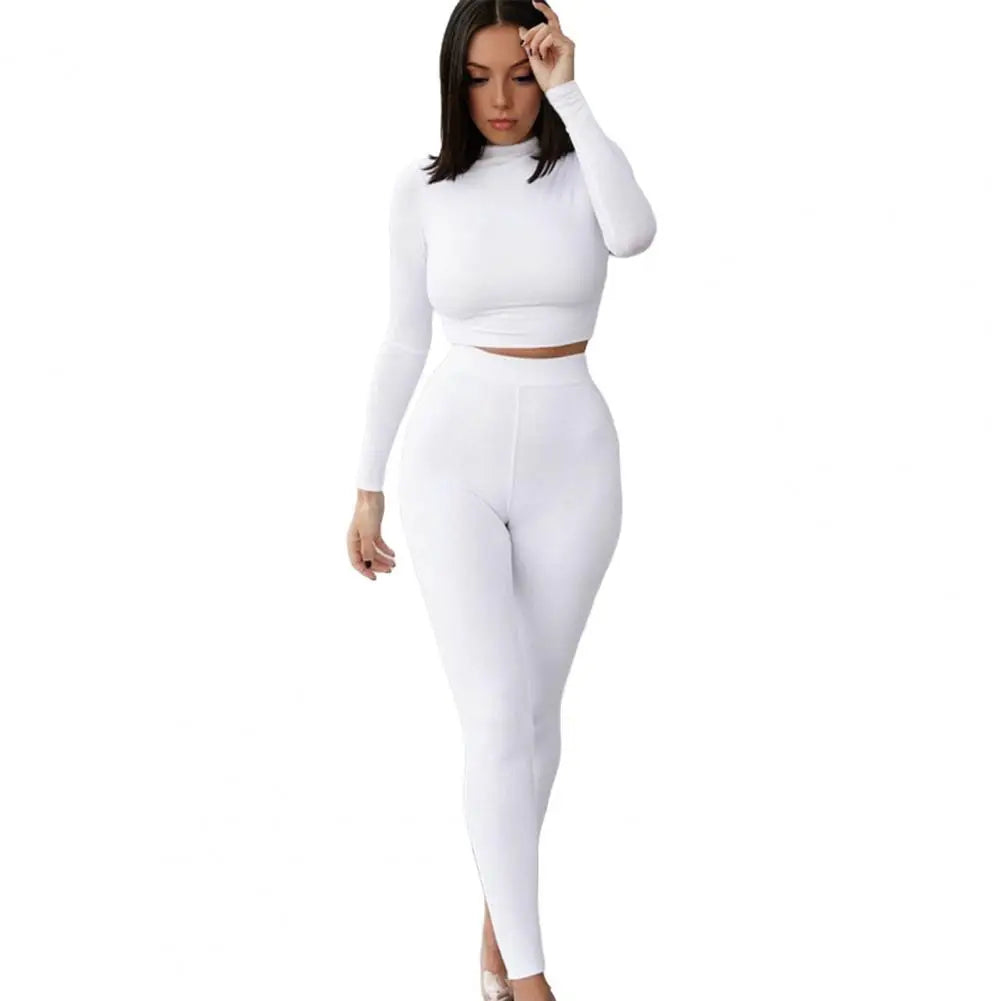Casual Workout Two Piece Outfits for Women Long Sleeve Crop Top High Waisted Legging Pants Set Slim Jogger Track Suits