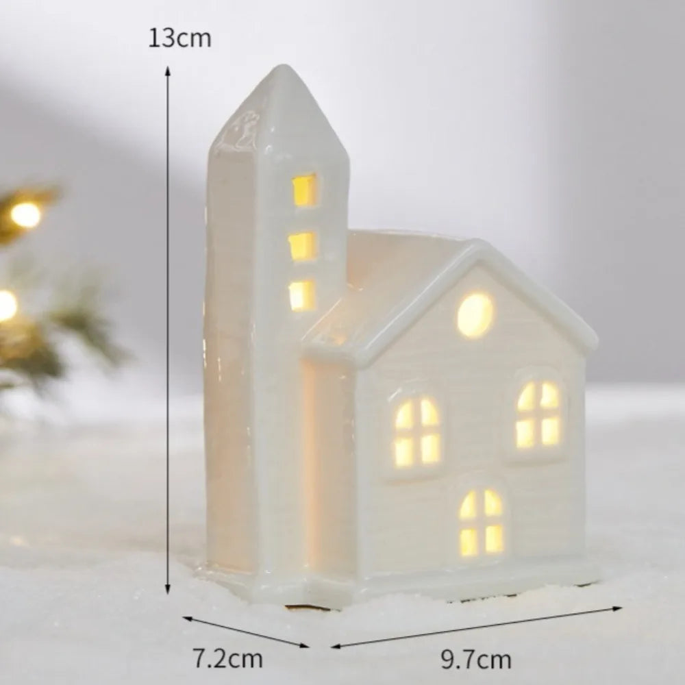 Glowing Ceramic Christmas Light Decorations LED Christmas Tree Luminous Hut Desktop Home Ornaments Scene Props Xmas Gifts