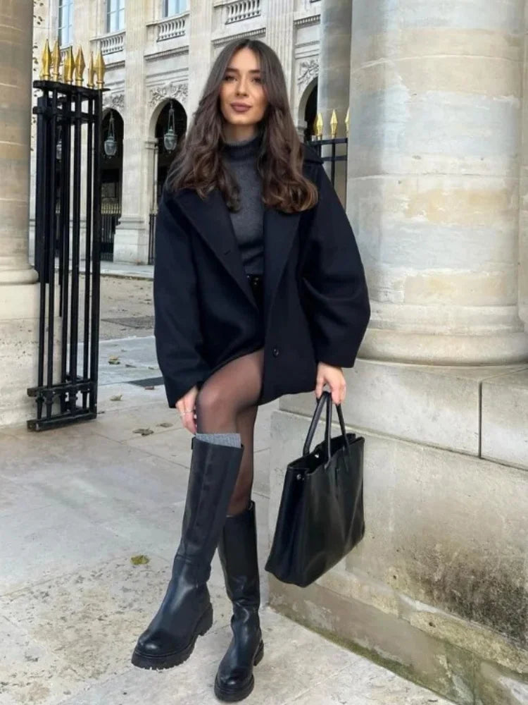 Urban Black Woolen Blend Coats Women Stand Collar Single-breasted Long Sleeve Thick Warm Jacket 2025 Autumn Winter Lady Outwear