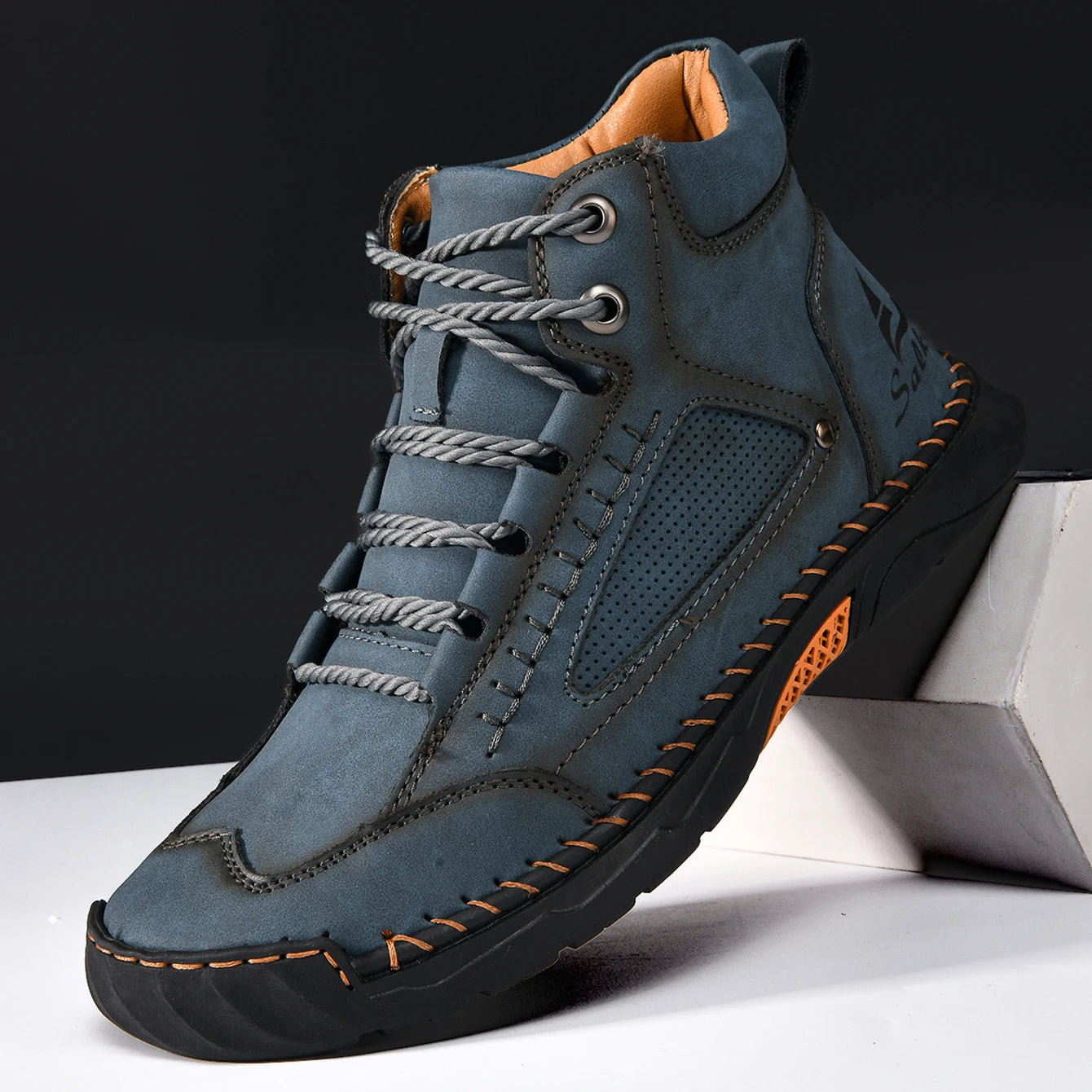 Hand-stitching Casual Leather Shoes Men Boots Outdoor Autumn Retro Breathable Casual Shoes Lace Up Blue Ankle Boots Winter