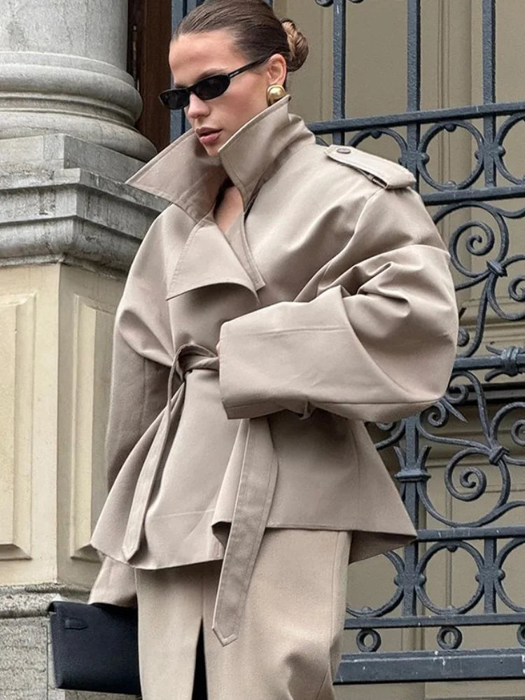 Solid Lapel Lace Up Jacket Elegant Chic Full Sleeve Button Loose Long Coat For Women 2025 New Office Lady Daily Commute Overcoat