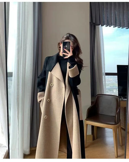 Winter New Color Block Slimming Hepburn Style Woolen Coat Women's Long Belted Gown Elegant Outerwear