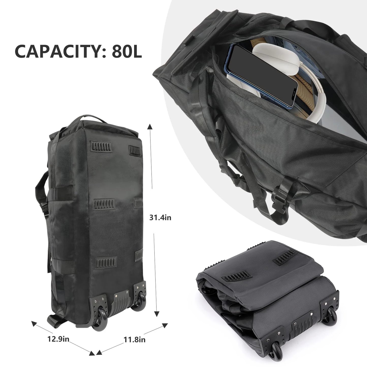 80L Rolling Duffle Bag with Wheels 31" Heavy-Duty Foldable Travel Duffel Bag Water-Resistant Wheeled Luggage with Shoulder Strap