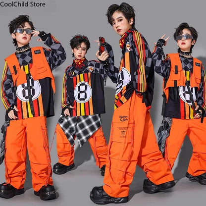 Hip Hop Children Cool Numbers Sweatshirt Vest Street Dance Cargo Pants Girls K-pop Jazz Costume Boys Clothes Set Kids Streetwear