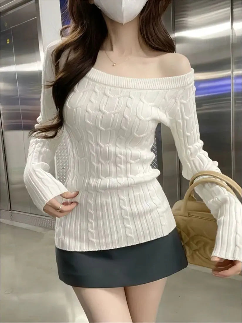 Casual Off shoulder Rib Knit Sweater Pull Women Long sleeve Top Basic Tees White Slim Pullovers Lady Sexy One Shoulder New