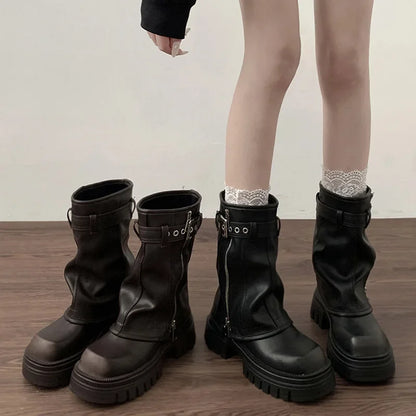Winter Women Biker Boots Fashion Belt Buckle Ladies Elegant Platform Flats Short Booties Casual Women's Knight Booties