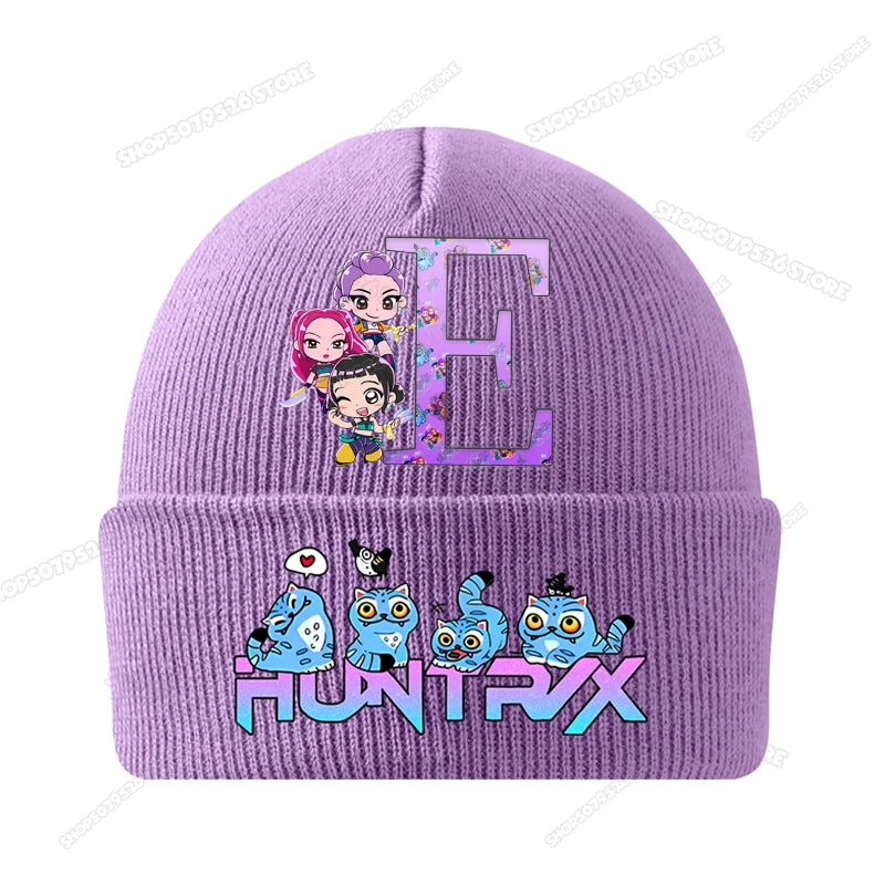Kpop Demon Hunters Letter A-Z Knitted Hat Cartoon Music Girl Beanies Cap Kids Winter Warm Bonnet Cartoon Toddler Skullies Beanie