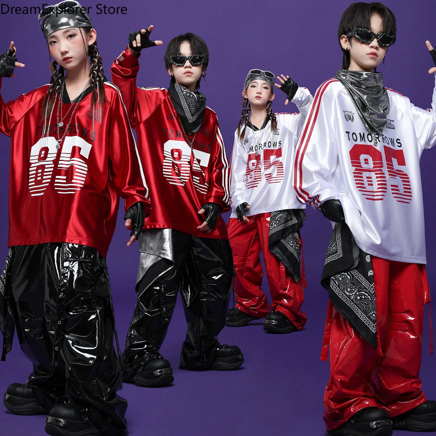 Boys Hip Hop Cool Shiny Sweatshirt Street Dance Cargo Pants Girls K-pop Clothes Sets Kids Streetwear Children Teenage Costumes