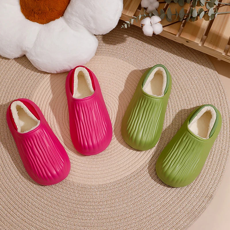 New EVA Short Plush Waterproof couples Slippers Winter  Warm striped  women Cotton Shoes Soft Thick Comfort Home floors Slides